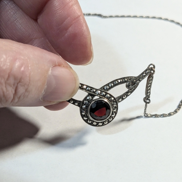 Vintage sterling silver 925 Birks marcasite garnet 1940s chain necklace - Picture 5 of 6